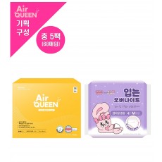 [에어퀸/기획4] 유기농 순면커버 뉴브레스 생리대 중형(20P) x3개 +입는 오버나이트(4P) x2개 (총 5개)