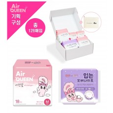 [에어퀸/기획16] 순면감촉 에센셜 [중형(18P) x2개 +선물세트 x1개 + 입는 오버(4P) x2개] (총 126매)