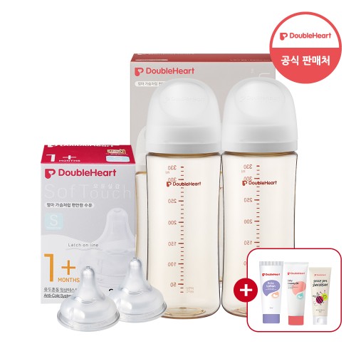 [더블하트인기]더블하트 모유실감 3세대 330ml 트윈세트 (젖병2+젖꼭지2)+사은품